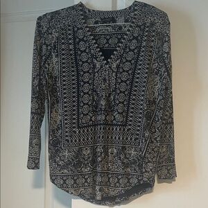 Lucky Brand Dark Blue and Cream Patterned Blouse
